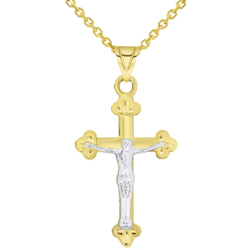 women teardrop necklaces -14k Solid Yellow Gold Christian Trefoil Cross Two Tone Crucifix Pendant Necklace Available with Cable Chain