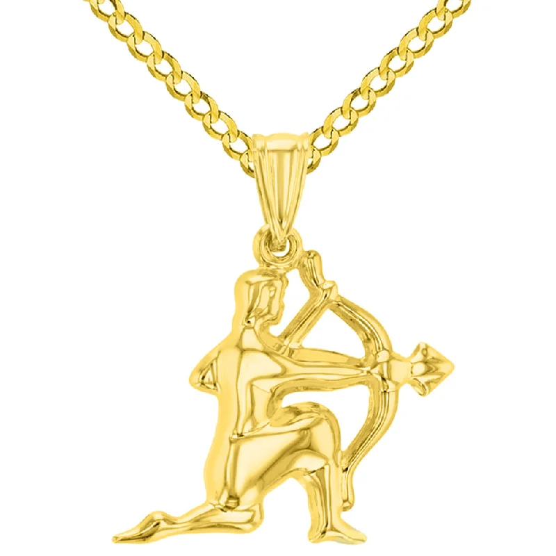 women gold plated necklaces -High Polish 14k Yellow Gold 3D Sagittarius Zodiac Sign Charm Archer Shooting Arrow Pendant Cuban Curb Chain Necklace