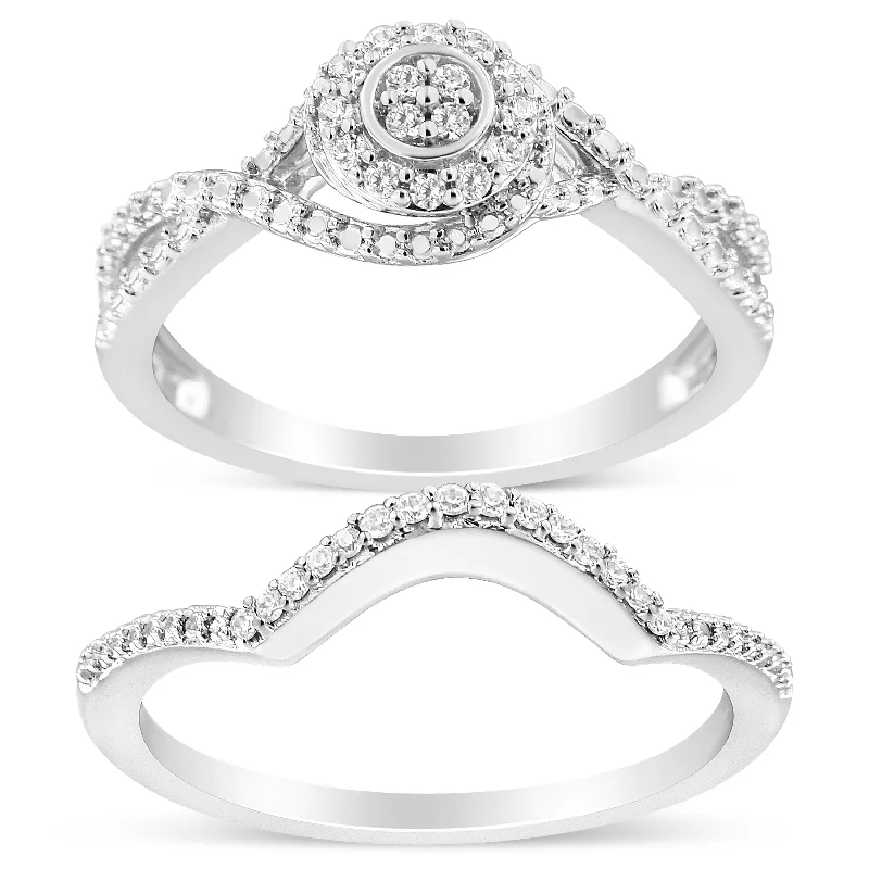 women classic solitaire diamond engagement rings -.925 Sterling Silver 1/6 Cttw Diamond Composite Halo and Split Shank Bridal Set Ring and Band