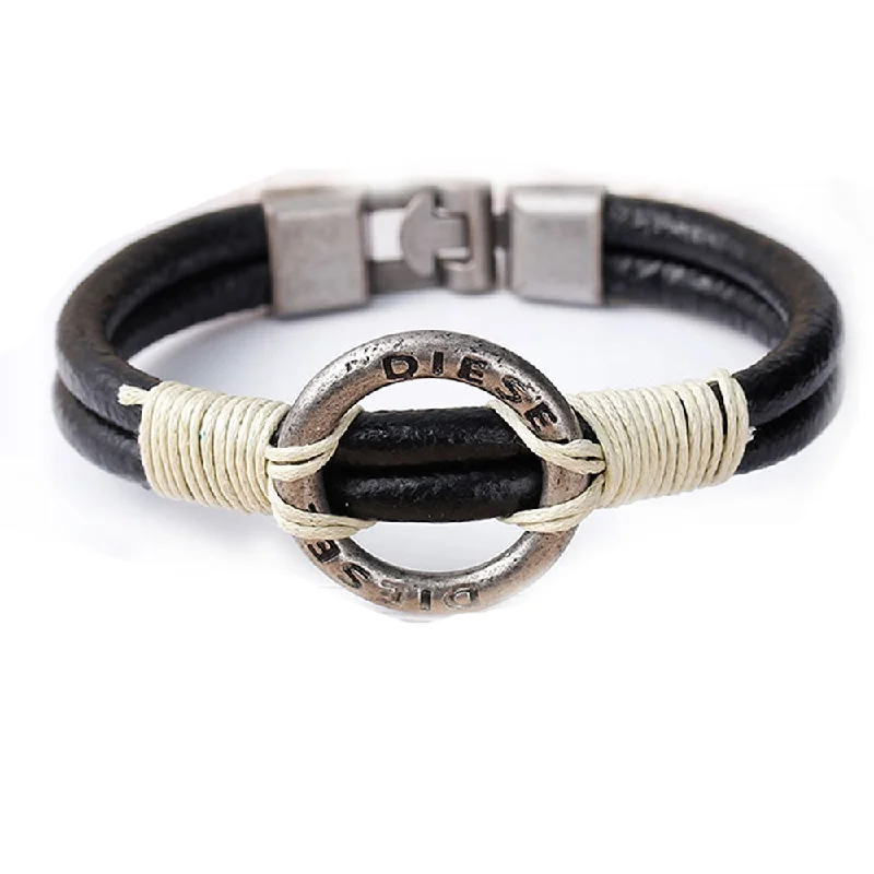 women stackable bangles -Women and Men's Real Leather Multilayer Bracelets Black Cord " DIESEL " Hollow Metal Gunmetal Beads