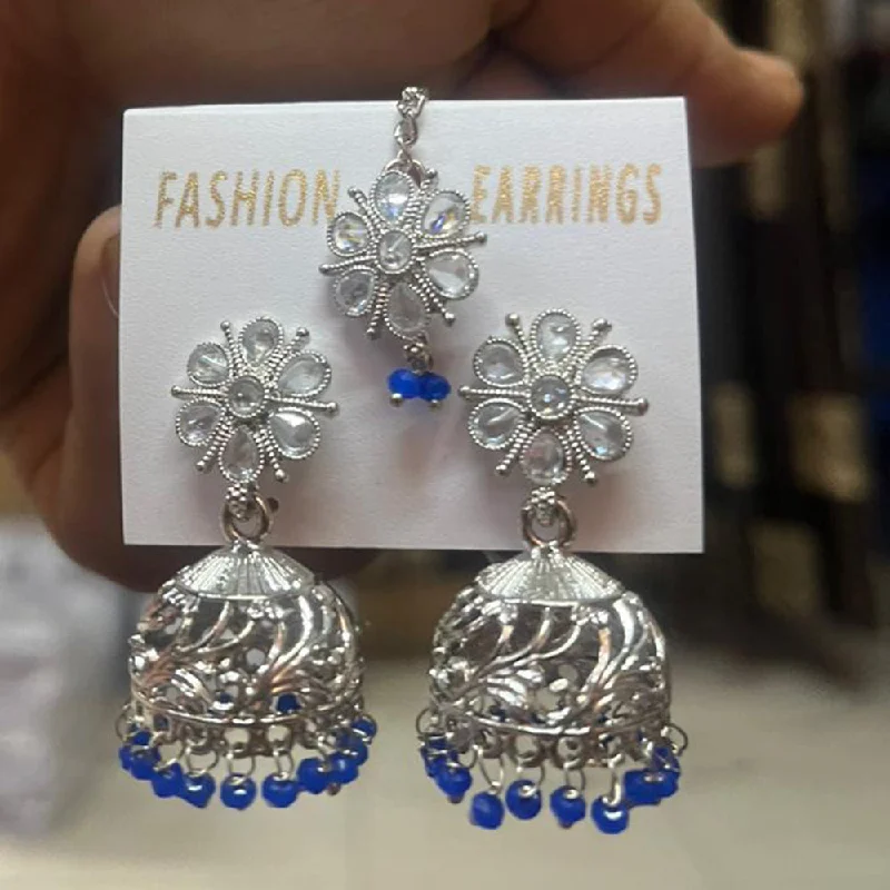 women rhinestone earrings -Shree Chamunda Jewellers Silver Plated Crystal Stone Jhumki With Maangtikka