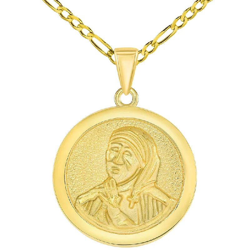 women gemstone drop pendant necklaces -Solid 14k Yellow Gold Round Mother Teresa Medallion Pendant with Figaro Chain Necklace