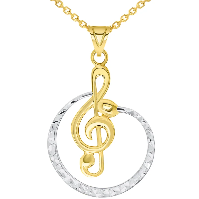 women infinity necklaces -14k Yellow Gold Textured Two Tone Cirlce G Clef Charm Musical Note Pendant Available with Cable Chain