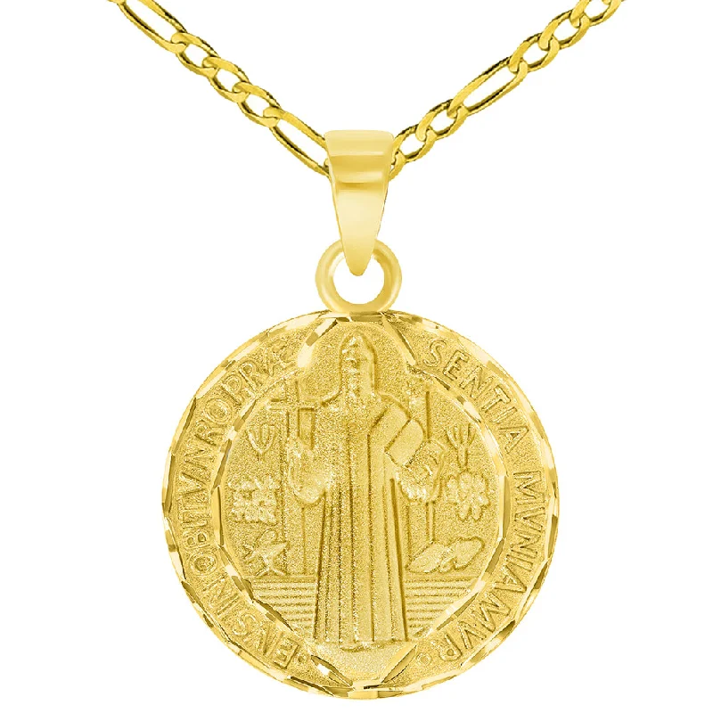 women turquoise necklaces -Solid 14k Yellow Gold Round Shaped St. Benedict Medallion Charm Pendant with Figaro Curb Chain Necklace