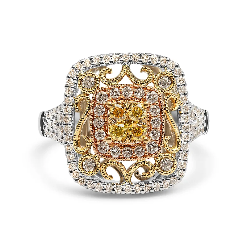 women gold engagement rings -14K Tri-Toned Gold 1.00 Cttw Yellow Diamond Halo and Milgrain Cocktail Cluster Ring