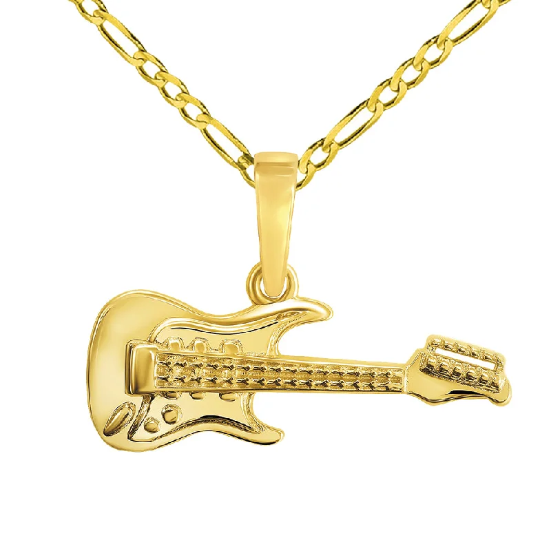 women adjustable necklaces -14k Yellow Gold Electrical Guitar Charm Musical Instrument Pendant with Figaro Chain Necklace