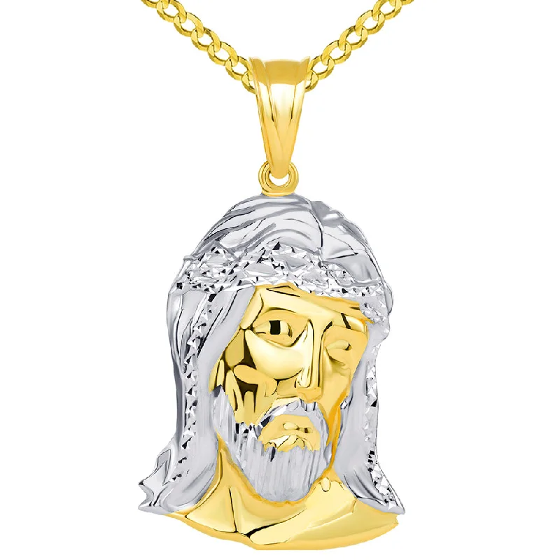 women rose gold pendant necklaces -14k Yellow Gold Polished Two Tone Hollow Jesus Head Pendant with Cuban Chain Necklace