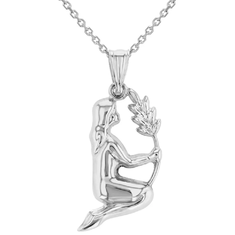 women crystal necklaces -High Polish 14k White Gold 3D Virgo Zodiac Sign Charm Maiden Holding Wheat Pendant Necklace