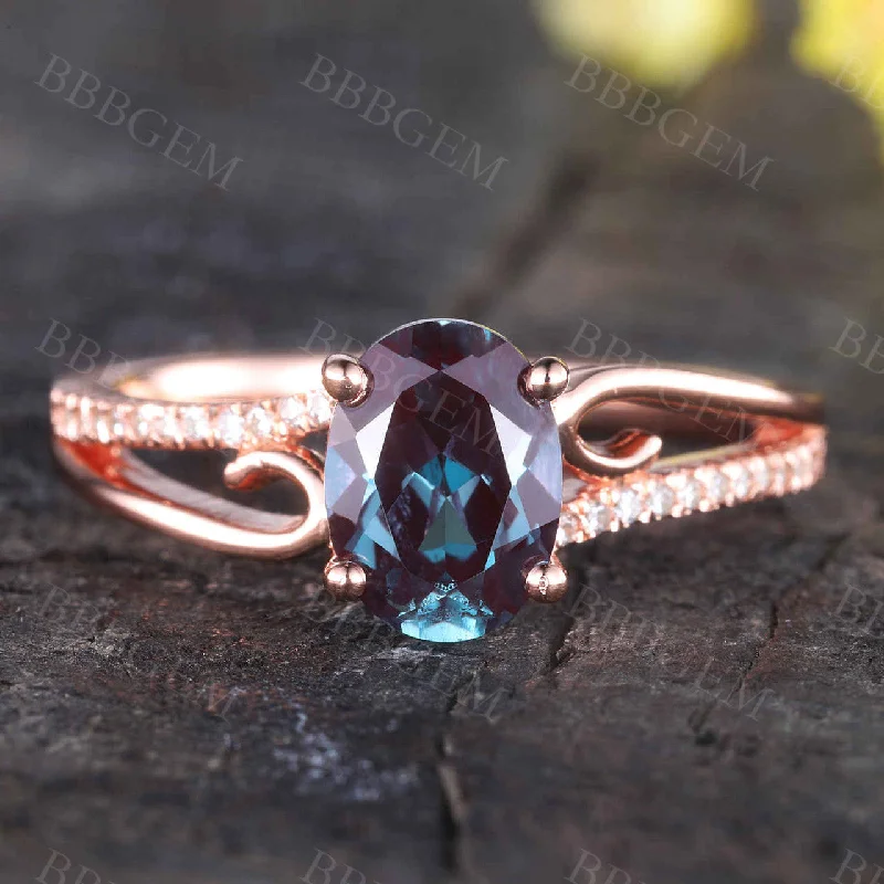 women stackable wedding engagement rings -Vintage Alexandrite Engagement Ring Filigree Curved Wedding Band Color Changing Gemstone Ring