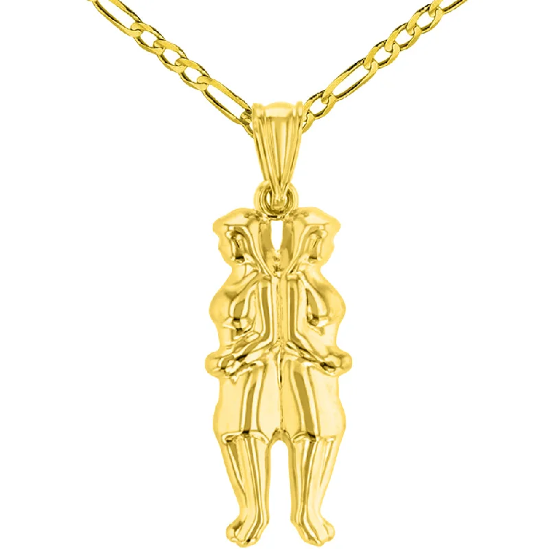 women pearl pendant necklaces -High Polish 14k Yellow Gold 3D Gemini Twins Zodiac Sign Pendant with Figaro Chain Necklace