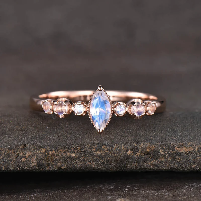 women blue sapphire engagement rings -14K/18K Rose Gold Rainbow Moonstone Engagement Ring Marquise Cut