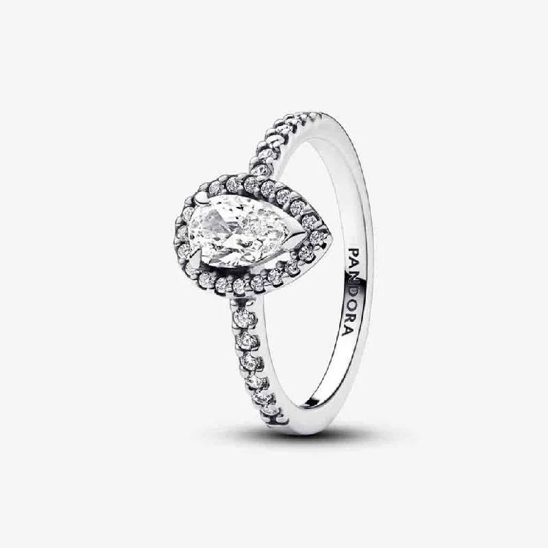 women diamond solitaire rings -PANDORA : Sparkling Pear Halo Ring in Sterling Silver