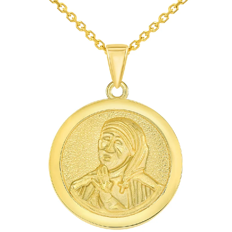 women statement necklaces -Solid 14k Yellow Gold Round Mother Teresa Medallion Pendant Necklace