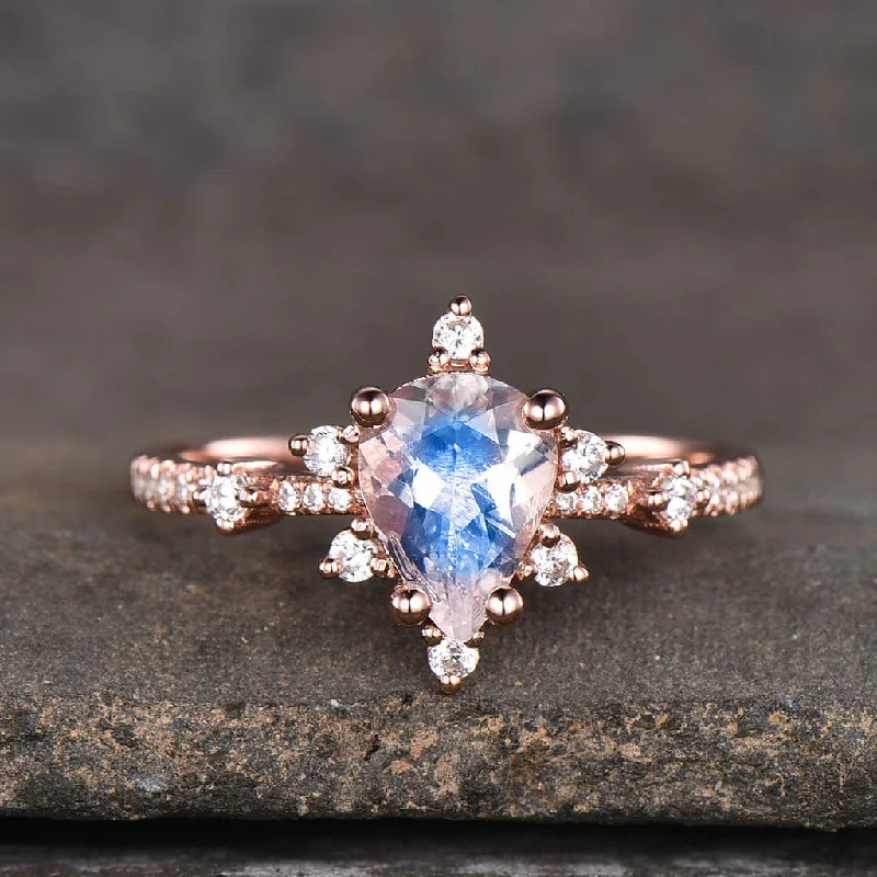 women art deco engagement rings -14K/18K Rose Gold Rainbow Moonstone And Diamond Engagement Ring Unique