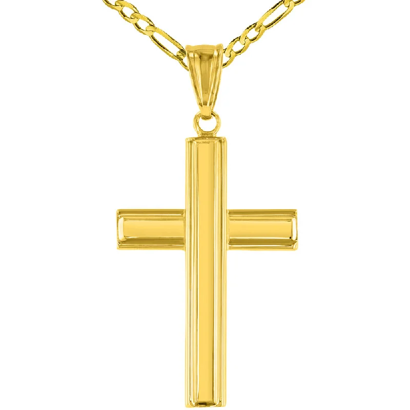 women star pendant necklaces -Polished 14K Yellow Gold Plain Religious Cross Pendant with Figaro Necklace