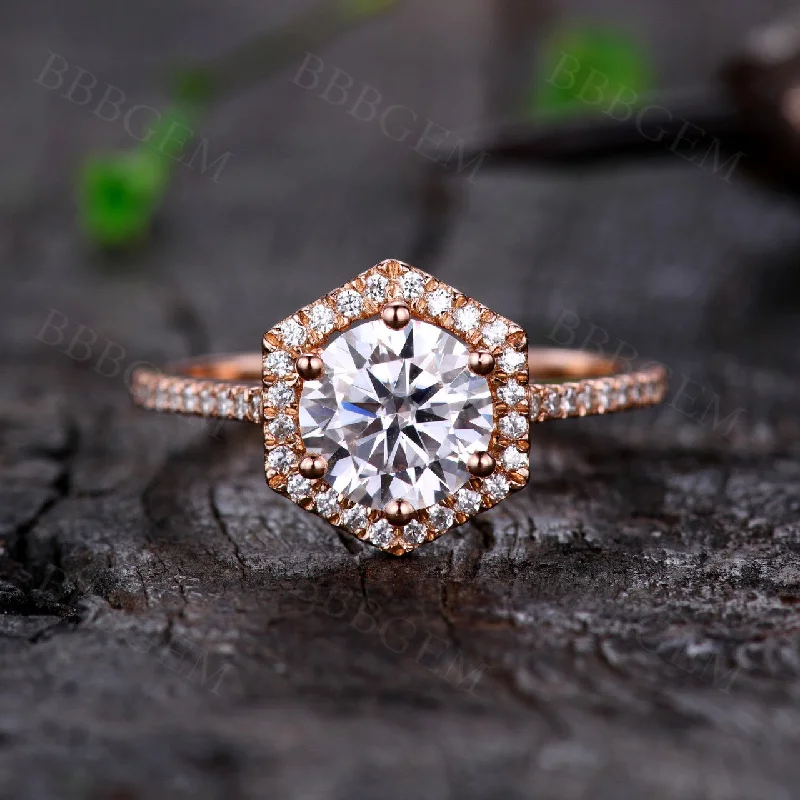 women white gold engagement rings -Rose Gold 1.25CT Round Moissanite Engagement Ring Hexagonal Halo Diamond Promise Ring