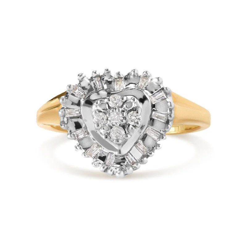 women designer engagement rings -10K Yellow Gold 1/4 Cttw Round and Baguette cut Diamond Heart Shape Ballerina Ring