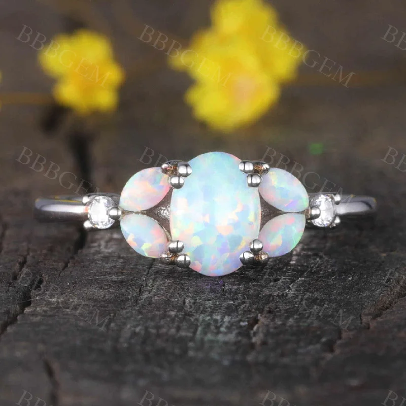 women affordable diamond engagement rings -Floral opal engagement ring white gold promise ring for women