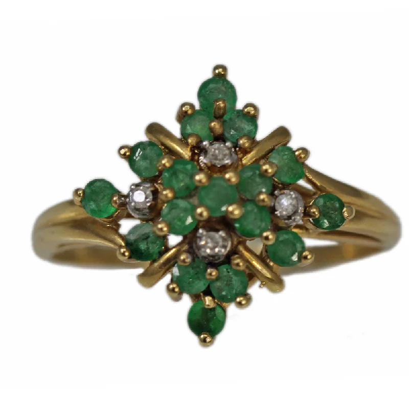 women pear-shaped rings -14K Yellow Gold Flower Emerald and Diamond Ring