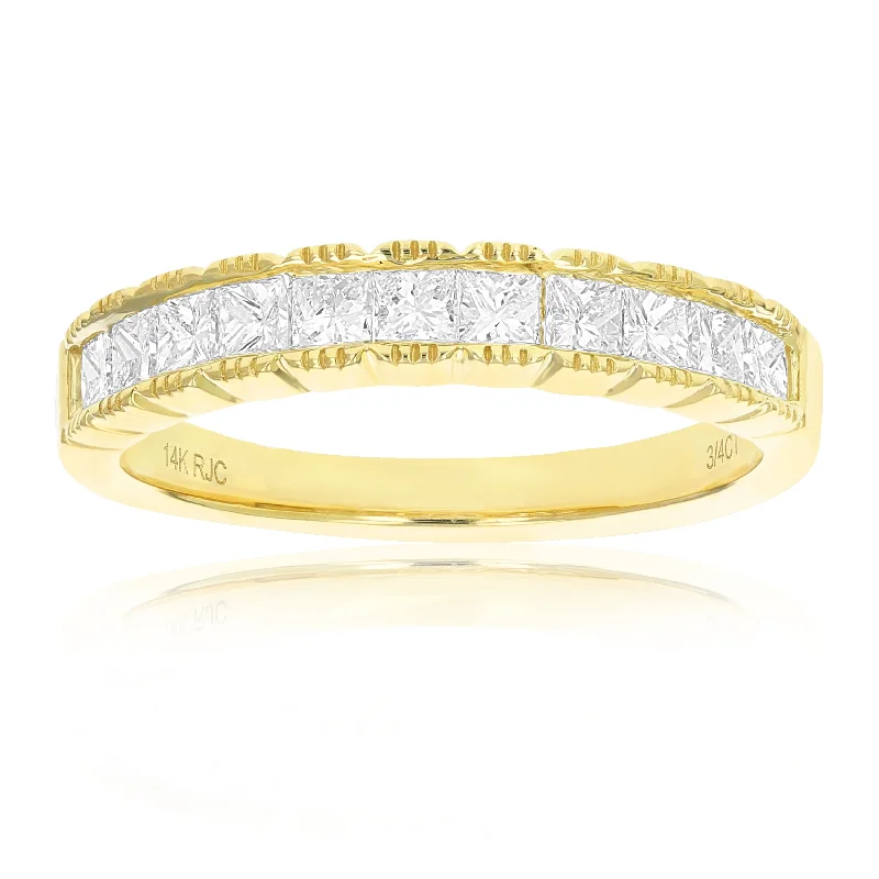 women vintage engagement rings -3/4 cttw Princess Cut Diamond Wedding Band with Milgrain in 14K Gold Channel Set