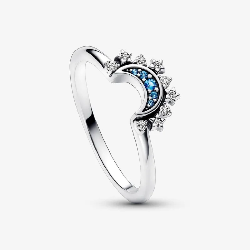 women bold rings -PANDORA : Celestial Blue Sparkling Moon Ring