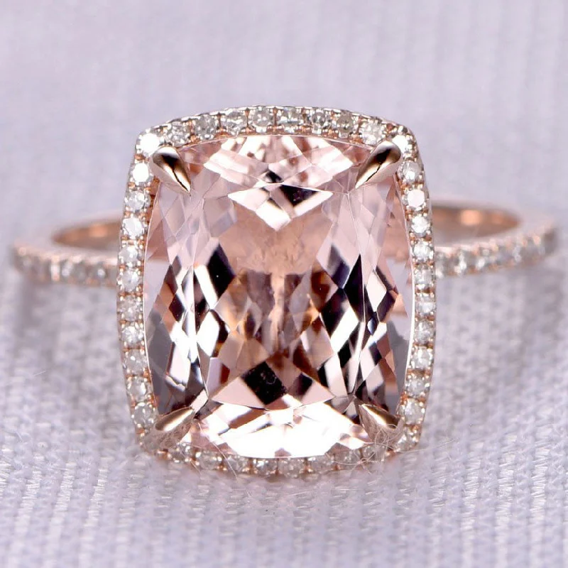 women unique engagement rings -5 Carat Rectangular Cushion Morganite Halo Ring 14k Rose Gold Stacking Band Claw Prongs