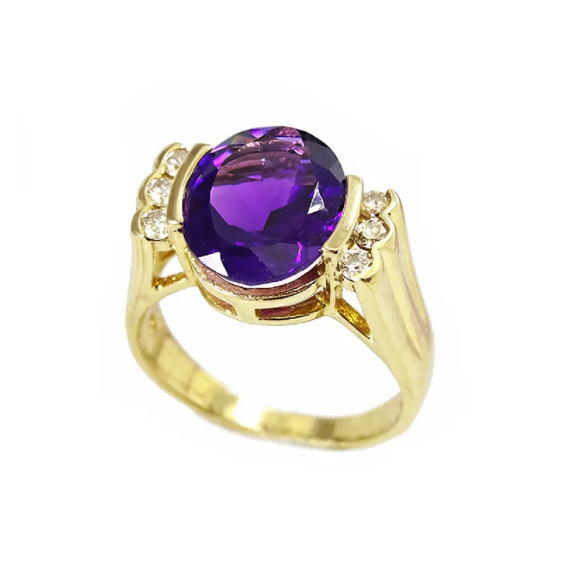 women vintage-style rings -14k yellow gold oval amethyst and diamond ring