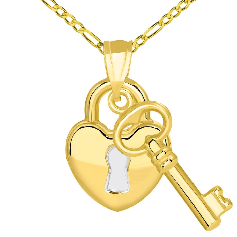 women delicate necklaces -14k Yellow Gold Polished Two Tone Heart Shaped Lock and Love Key Pendant Figaro Necklace