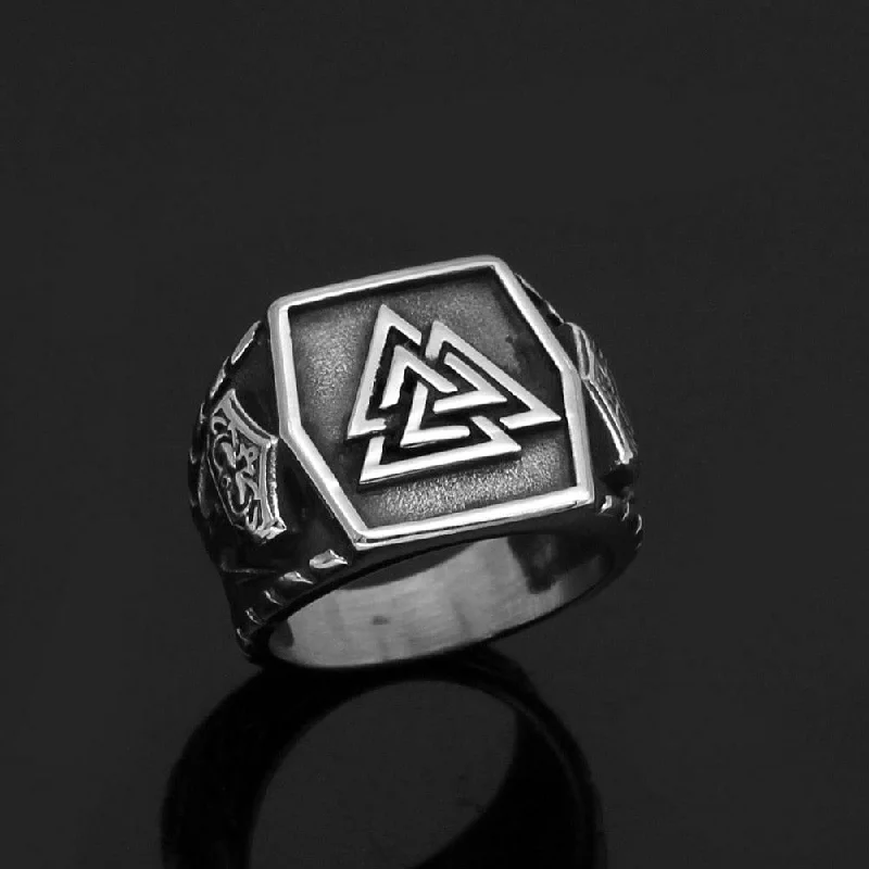 women gold engagement rings -Valknut Rune Nordic Signet Ring - Stainless Steel