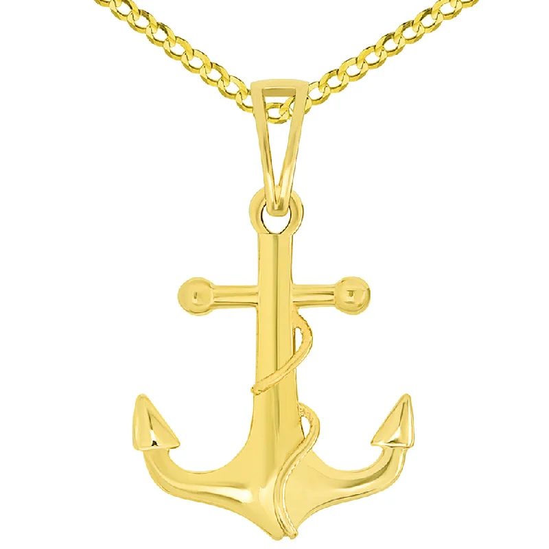 women lock necklaces -Solid 14k Yellow Gold Maritime Anchor with Rope Pendant Necklace Available with Curb Chain Necklaces