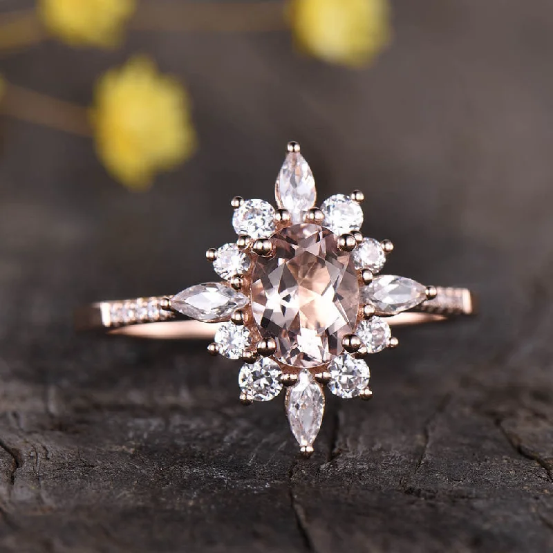 women stackable engagement rings -14K/18K Floral Morganite Moissanite/Diamonds Engagement Ring Unique