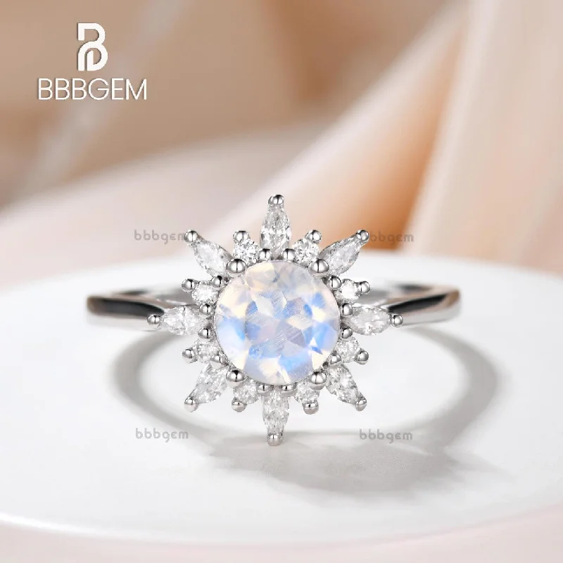 women diamond ring engagement sets -14K/18K Floral Moonstone And Moissanite Diamond Engagement Ring Unique