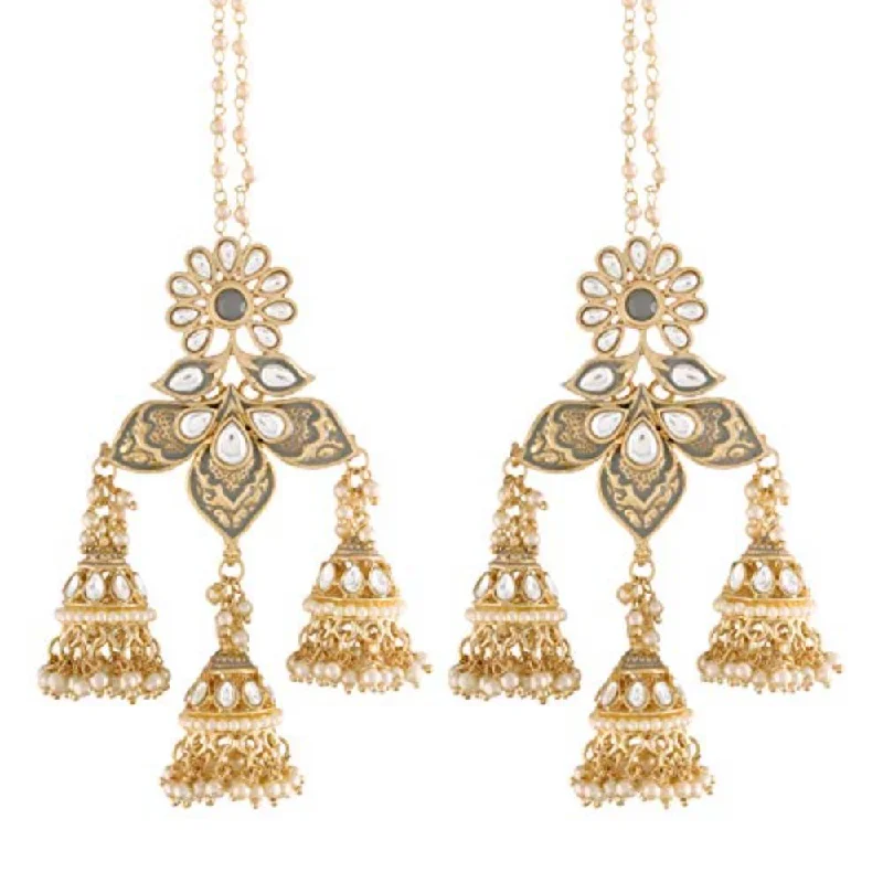 women diamond earrings -Etnico 18K Gold Plated Intricately Designed Traditional with Detachable Hair Chain Encased With Kundans & Pearls Jumka Earrings For Women (E2904Gr)