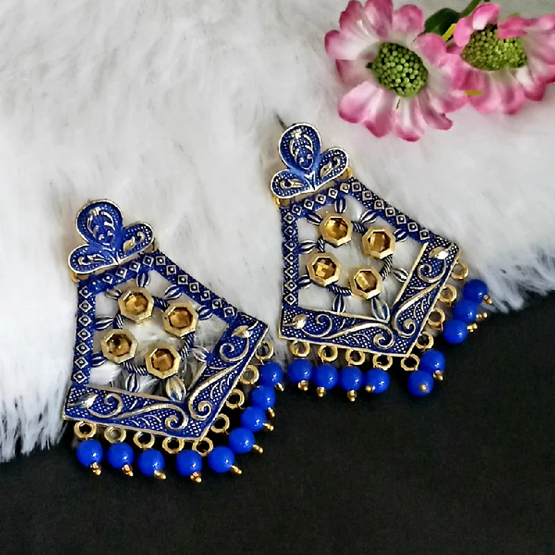 women chain earrings -Woma Matte Blue Meenakari Dangler Beads Drop Earrings