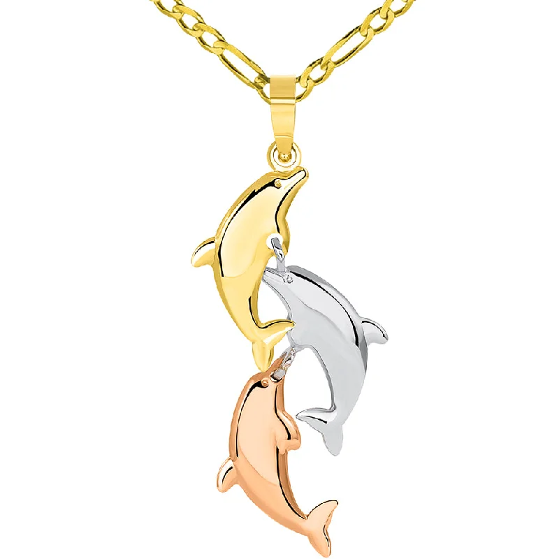 women vintage necklaces -14k Tri Color Gold 3D Three Dangling Dolphins Jumping Vertical Pendant Figaro Chain Necklace