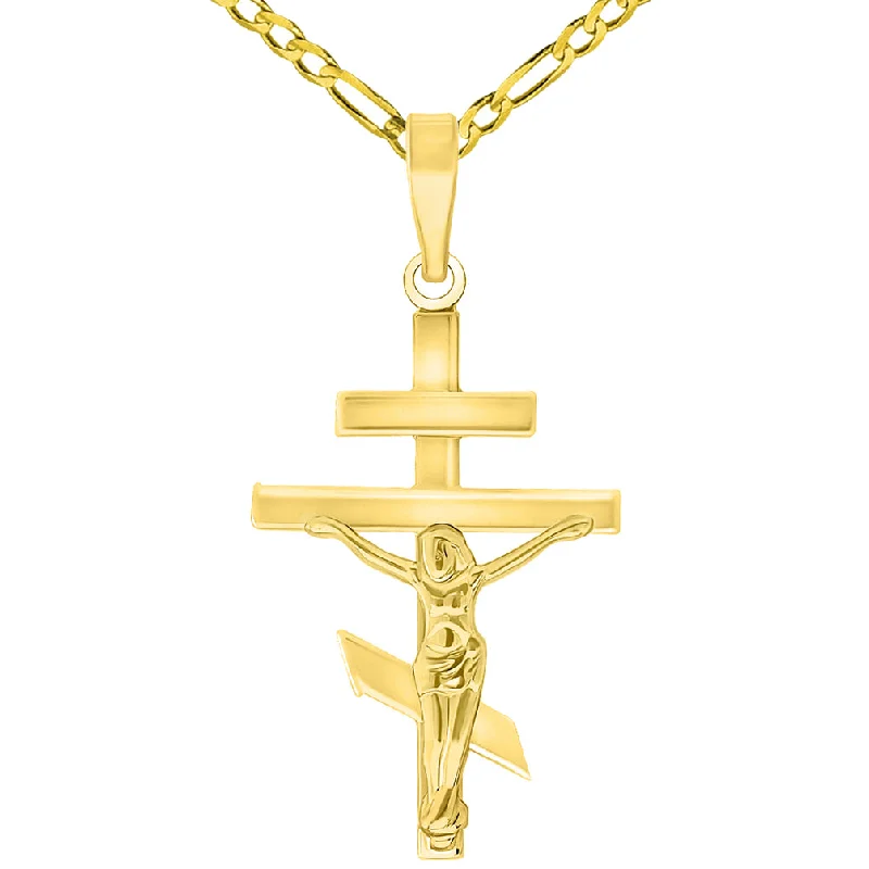 women silver chain necklaces -High Polish 14k Yellow Gold Russian Orthodox Cross Crucifix Pendant with Figaro Chain Necklace