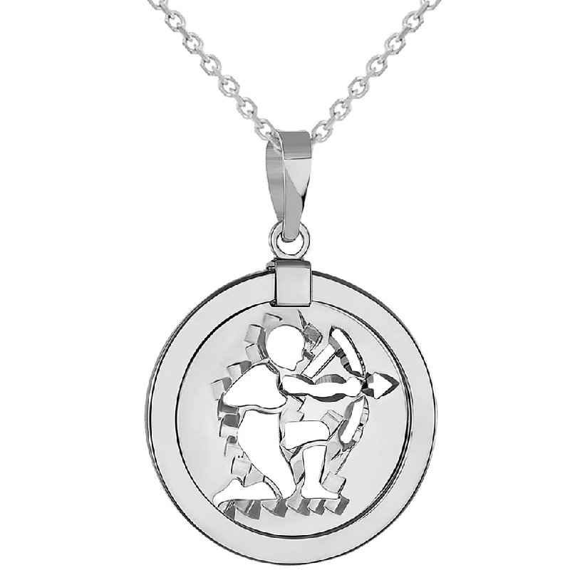 women round pendant necklaces -14k White Gold Round Sagittarius Zodiac Sign Archer Shooting Arrow Medallion Pendant Necklace (Reversible)