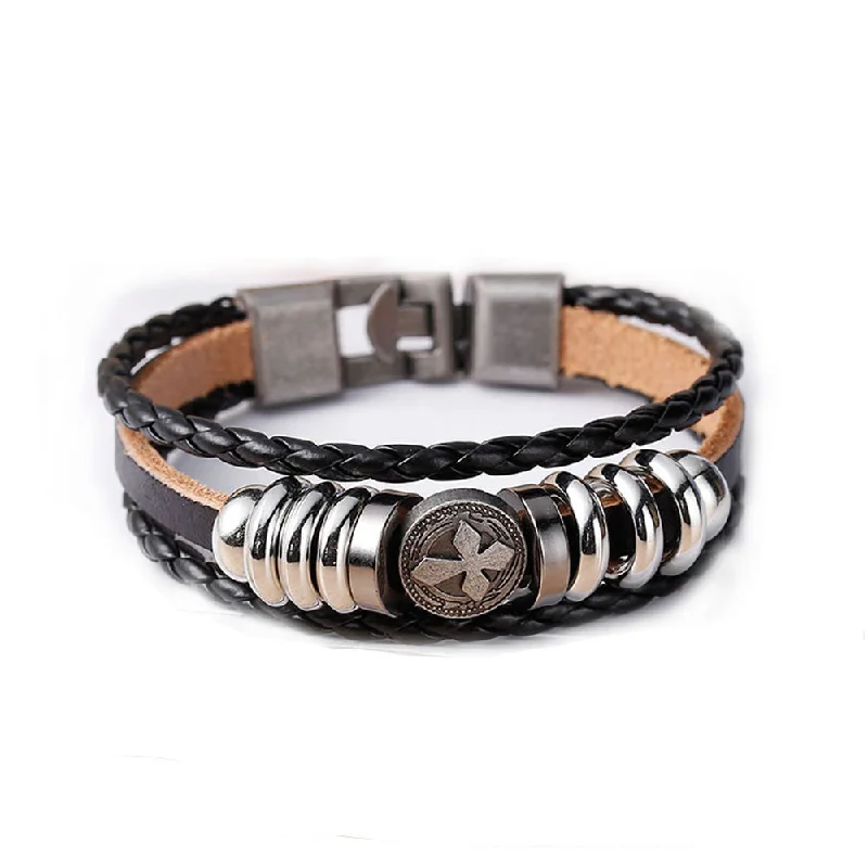 women stack bracelets -Womens and Men's Real Leather Multilayer Bracelets Black Cord Metal Gunmetal Cross Beads With Clasp Hook