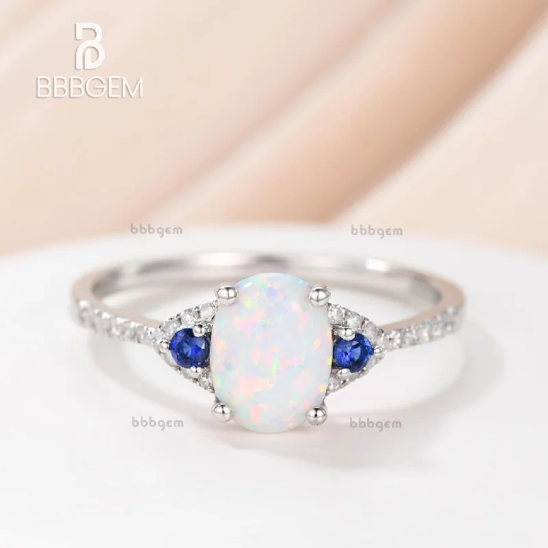 women antique-style engagement rings -14K/18K Art Deco Three Stone Opal And Sapphire Engagement Ring