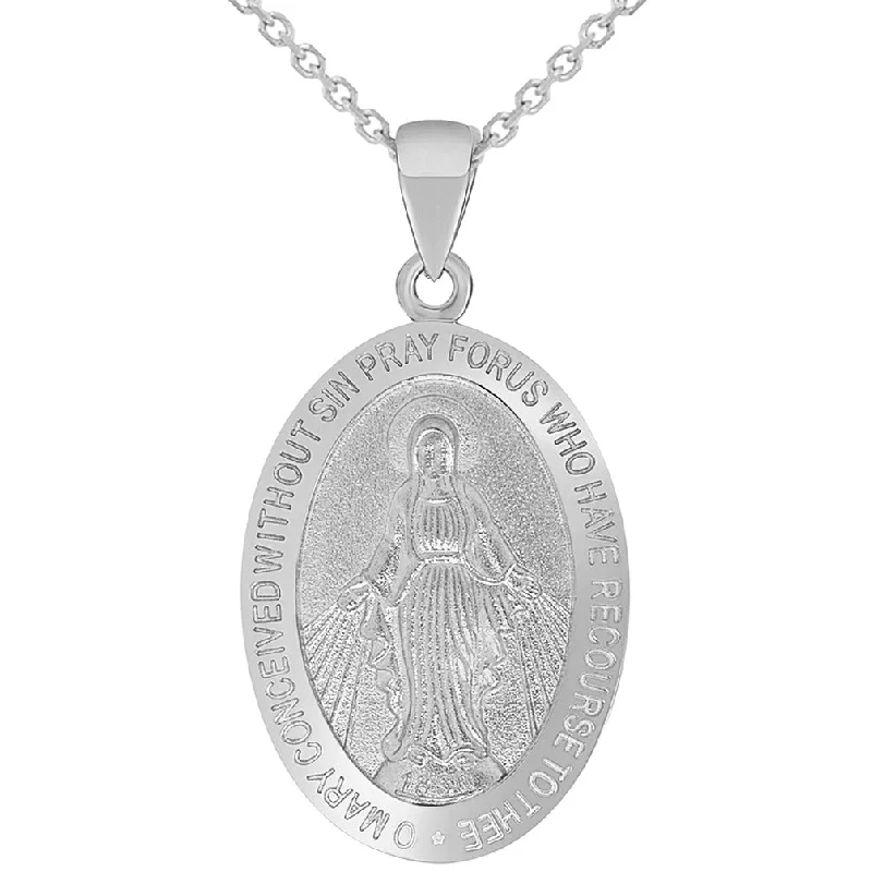 women fancy necklaces -Solid 14k White Gold Small Classic Miraculous Medallion of the Virgin Mary Pendant Necklace