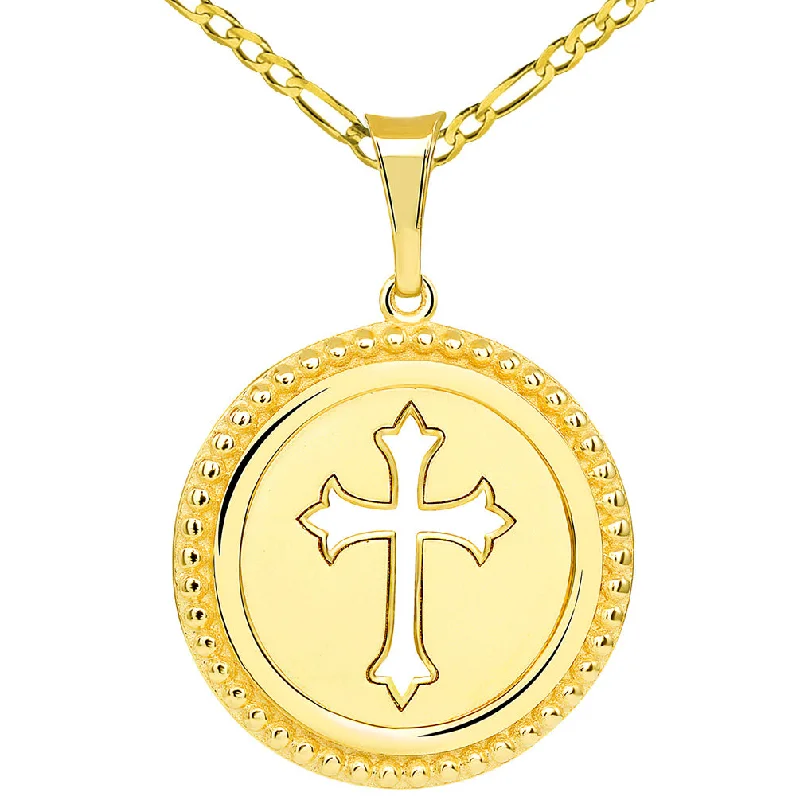 women luxury silver necklaces -14k Yellow Gold Reversible Open Christian Cross Medallion Pendant with Figaro Link Chain Necklace