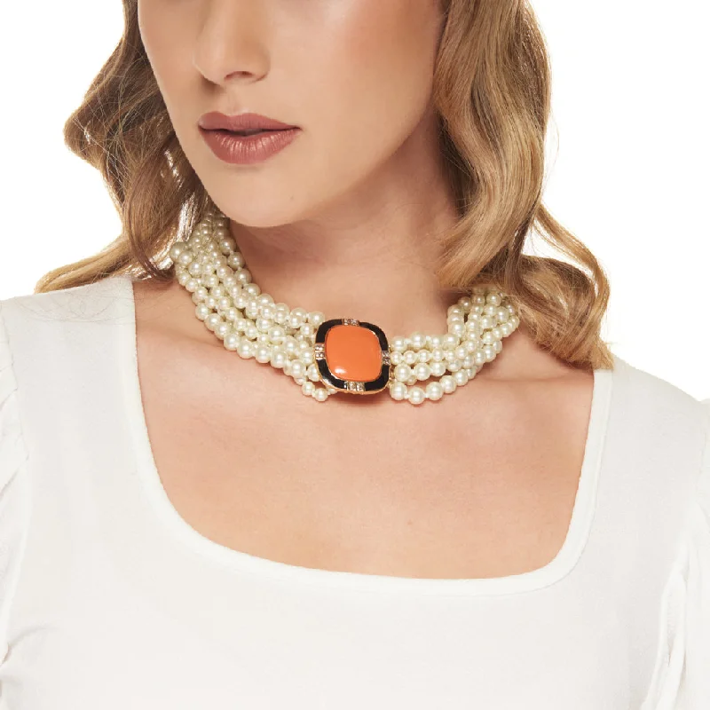 women teardrop necklaces -Vintage Eight Row White Pearl with Coral Center Clasp Necklace