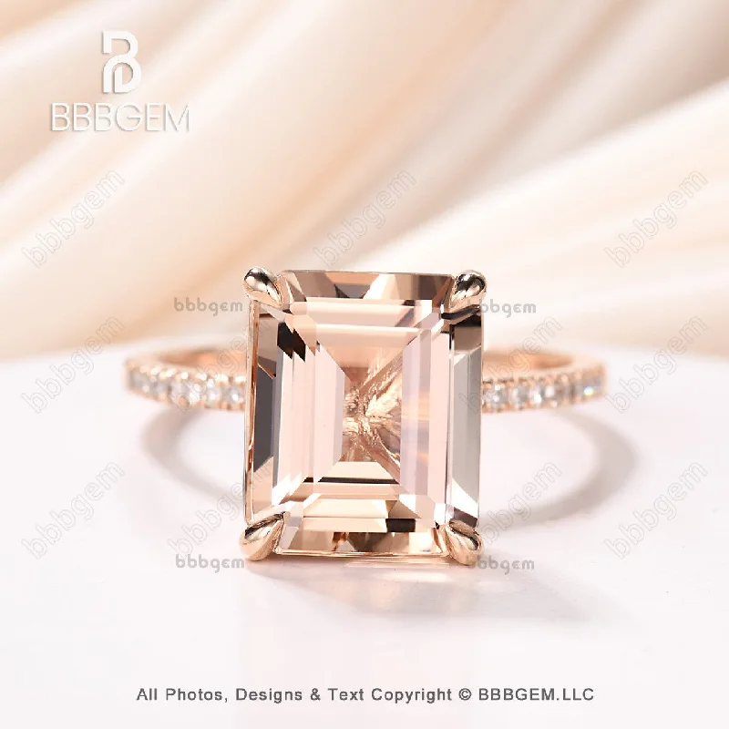 women sapphire gemstone engagement rings -9x11mm 5 Carat Emerald Cut Morganite Engagement Ring Rose Gold Accent Diamonds