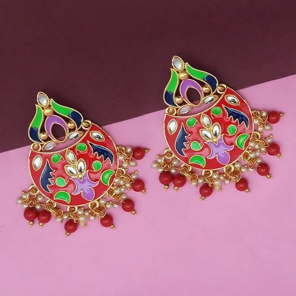 women custom earrings -Kriaa Red Meenakari And Beads Kundan Dangler Earrings - 1314215D