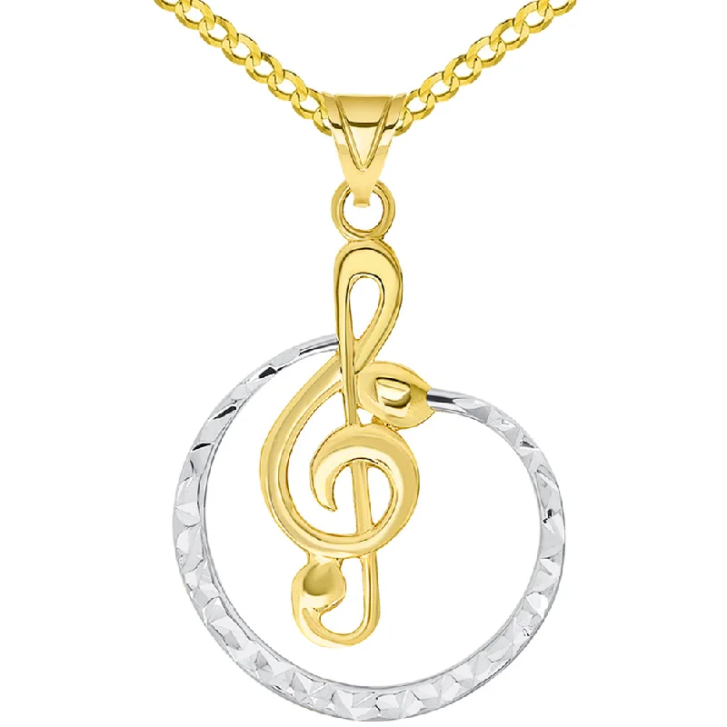 women adjustable necklaces -14k Yellow Gold Textured Two Tone Cirlce G Clef Charm Musical Note Pendant Available with Curb Chain