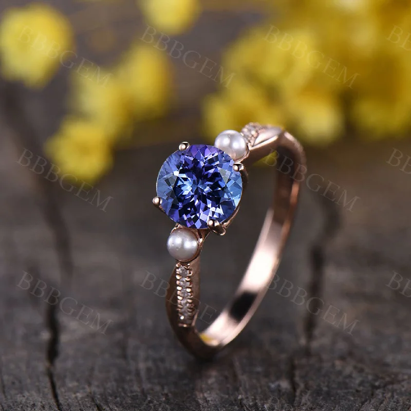 women halo engagement rings -Tanzanite engagement ring rose gold pearl wedding band bridal promise ring