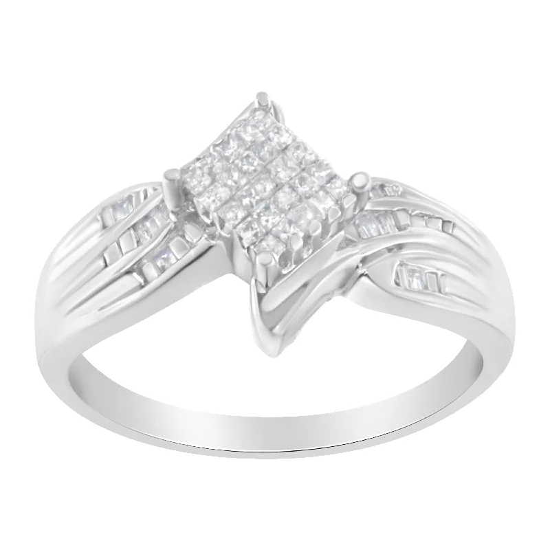 women platinum engagement rings -10K White Gold 1/3 Cttw Princess and Baguette Cut Diamond Bypass Style Cocktail Ring