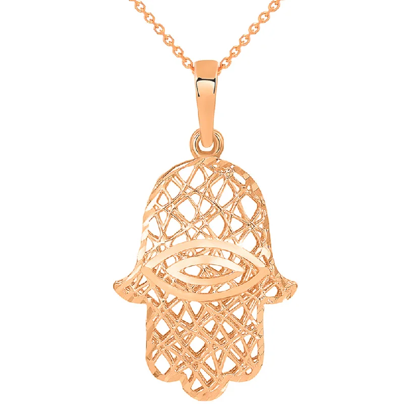 women heart-shaped necklaces -Textured 14k Rose Gold 3D Hamsa Hand of Fatima with Evil Eye Charm Pendant Necklace