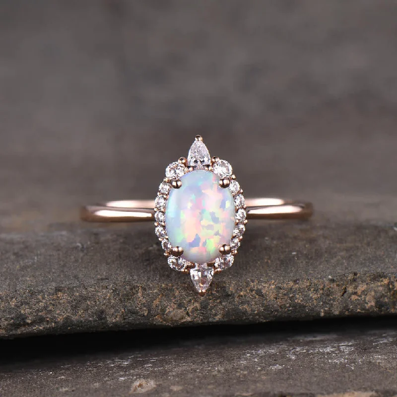 women sterling silver engagement rings -14K/18K Oval Cut Vintage Opal Engagement Ring Rose Gold