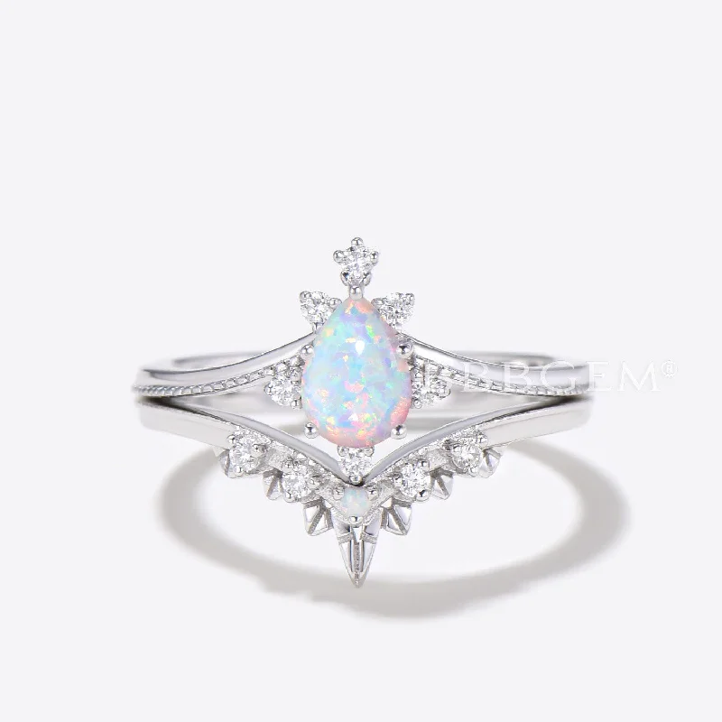 women simple engagement rings -14K/18K Gold Vintage Pear Shaped Opal White Gold Engagement Ring Milgrain Bridal Set